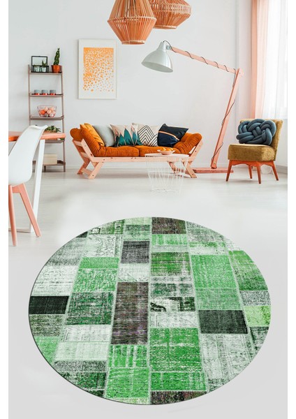 Baskılı Kaymaz Yıkanabilir Patchwork Desen Yuvarlak Mutfak Salon Halısı, Y-Patchwork-03-Yeşil, fırsatları