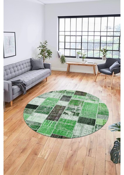Baskılı Kaymaz Yıkanabilir Patchwork Desen Yuvarlak Mutfak Salon Halısı, Y-Patchwork-03-Yeşil, indirimleri