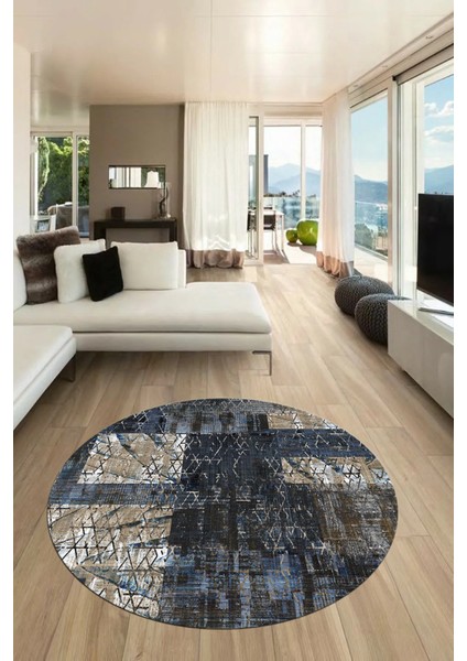 Baskılı Kaymaz Yıkanabilir Patchwork Desen Yuvarlak Mutfak Salon Halısı, Y-Patchwork-05-Mavi,