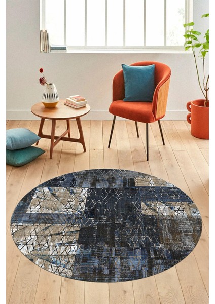 Baskılı Kaymaz Yıkanabilir Patchwork Desen Yuvarlak Mutfak Salon Halısı, Y-Patchwork-05-Mavi,