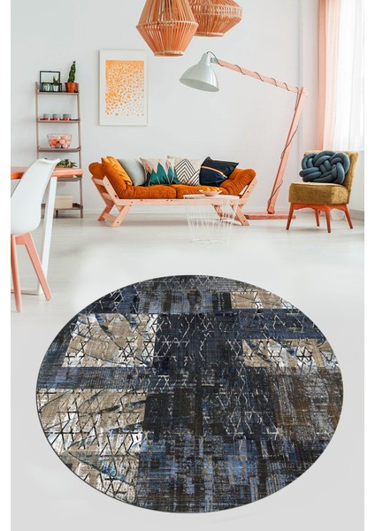 Baskılı Kaymaz Yıkanabilir Patchwork Desen Yuvarlak Mutfak Salon Halısı, Y-Patchwork-05-Mavi,