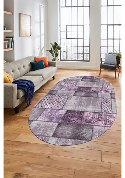 Baskılı Kaymaz Taban Yıkanabilir Patchwork Desen Oval Yolluk Salon Halısı, O-Patchwork-18-Mor,