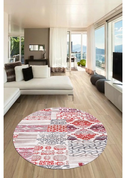 Baskılı Kaymaz Yıkanabilir Patchwork Desen Yuvarlak Mutfak Salon Halısı, Y-Patchwork-02-Kırmızı, fiyatları