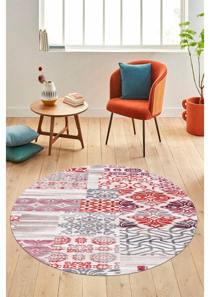 Baskılı Kaymaz Yıkanabilir Patchwork Desen Yuvarlak Mutfak Salon Halısı, Y-Patchwork-02-Kırmızı, modelleri