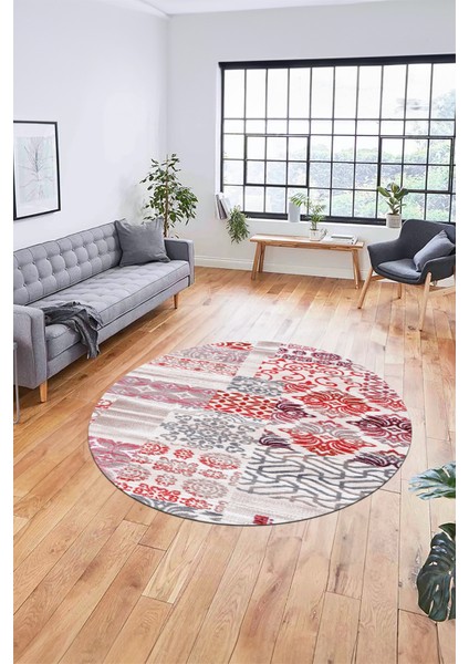 Baskılı Kaymaz Yıkanabilir Patchwork Desen Yuvarlak Mutfak Salon Halısı, Y-Patchwork-02-Kırmızı, indirimleri
