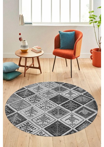 Baskılı Kaymaz Yıkanabilir Patchwork Desen Yuvarlak Mutfak Salon Halısı, Y-Patchwork-08-Gri,