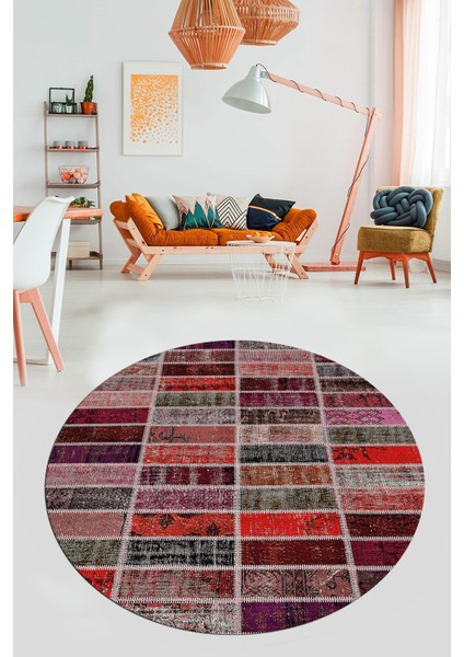 Baskılı Kaymaz Yıkanabilir Patchwork Desen Yuvarlak Mutfak Salon Halısı, Y-Patchwork-09-Kırmızı,