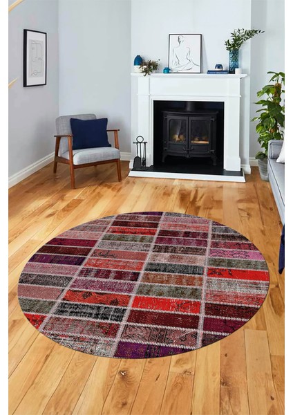 Baskılı Kaymaz Yıkanabilir Patchwork Desen Yuvarlak Mutfak Salon Halısı, Y-Patchwork-09-Kırmızı, modelleri