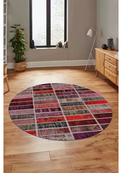 Baskılı Kaymaz Yıkanabilir Patchwork Desen Yuvarlak Mutfak Salon Halısı, Y-Patchwork-09-Kırmızı, fırsatları