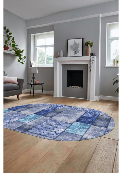 Baskılı Kaymaz Taban Yıkanabilir Patchwork Desen Oval Yolluk Salon Halısı, O-Patchwork-18-Mavi,