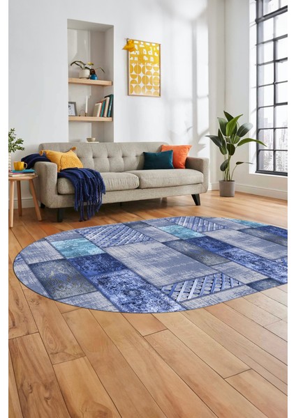 Baskılı Kaymaz Taban Yıkanabilir Patchwork Desen Oval Yolluk Salon Halısı, O-Patchwork-18-Mavi,