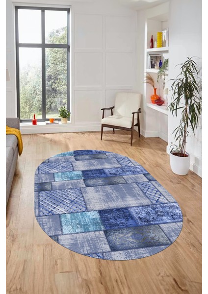 Baskılı Kaymaz Taban Yıkanabilir Patchwork Desen Oval Yolluk Salon Halısı, O-Patchwork-18-Mavi,