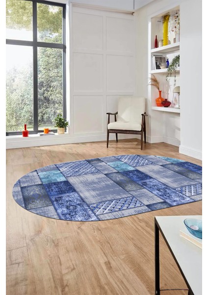 Baskılı Kaymaz Taban Yıkanabilir Patchwork Desen Oval Yolluk Salon Halısı, O-Patchwork-18-Mavi,