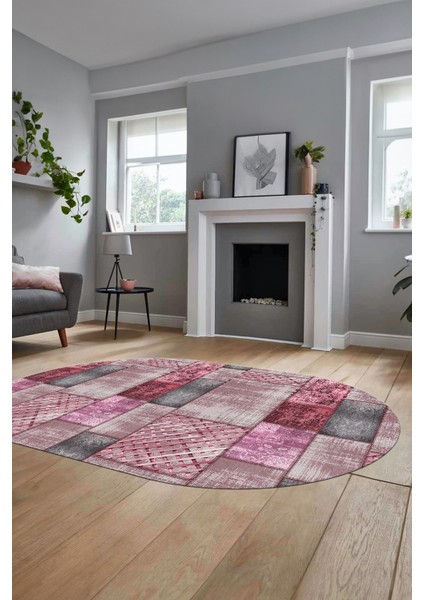 Baskılı Kaymaz Taban Yıkanabilir Patchwork Desen Oval Yolluk Salon Halısı, O-Patchwork-18-Pembe,