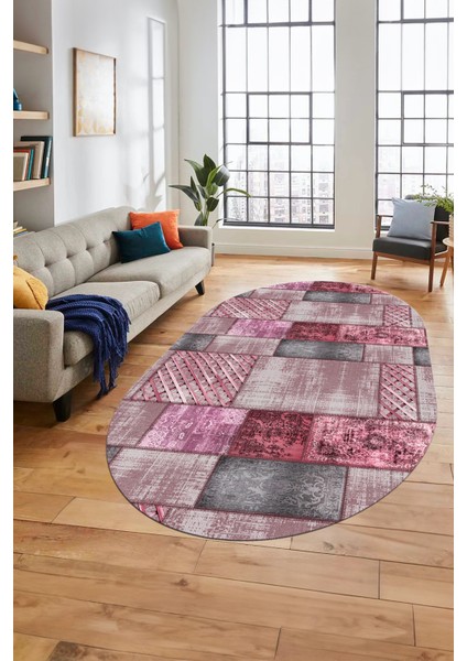 Baskılı Kaymaz Taban Yıkanabilir Patchwork Desen Oval Yolluk Salon Halısı, O-Patchwork-18-Pembe, fiyatları