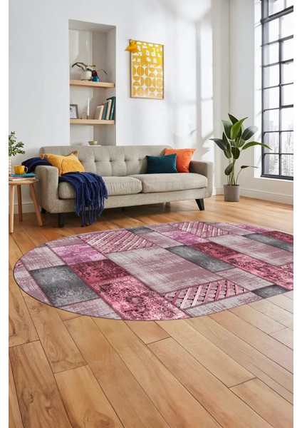 Baskılı Kaymaz Taban Yıkanabilir Patchwork Desen Oval Yolluk Salon Halısı, O-Patchwork-18-Pembe, modelleri