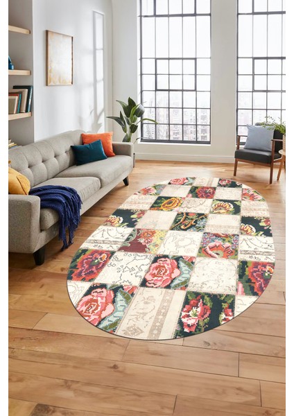 Baskılı Kaymaz Taban Yıkanabilir Patchwork Desen Oval Yolluk Salon Halısı, O-Patchwork-19-Renkli,