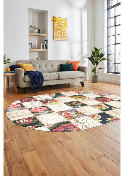 Baskılı Kaymaz Taban Yıkanabilir Patchwork Desen Oval Yolluk Salon Halısı, O-Patchwork-19-Renkli,