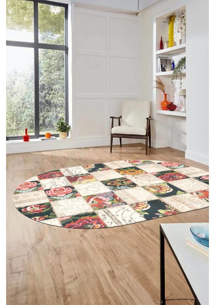 Baskılı Kaymaz Taban Yıkanabilir Patchwork Desen Oval Yolluk Salon Halısı, O-Patchwork-19-Renkli,