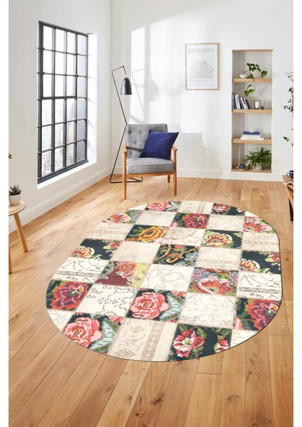 Baskılı Kaymaz Taban Yıkanabilir Patchwork Desen Oval Yolluk Salon Halısı, O-Patchwork-19-Renkli,