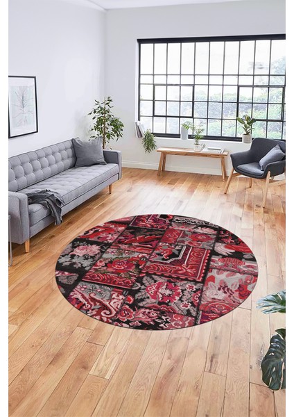 Baskılı Kaymaz Yıkanabilir Patchwork Desen Yuvarlak Mutfak Salon Halısı, Y-Patchwork-12-Kırmızı,