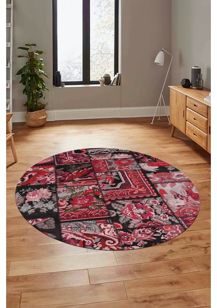 Baskılı Kaymaz Yıkanabilir Patchwork Desen Yuvarlak Mutfak Salon Halısı, Y-Patchwork-12-Kırmızı, modelleri