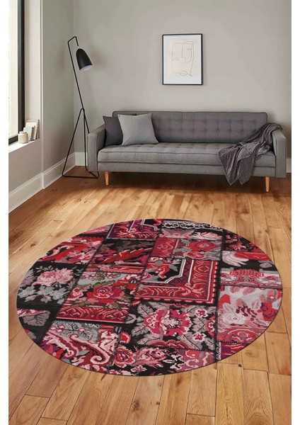 Baskılı Kaymaz Yıkanabilir Patchwork Desen Yuvarlak Mutfak Salon Halısı, Y-Patchwork-12-Kırmızı, fırsatları