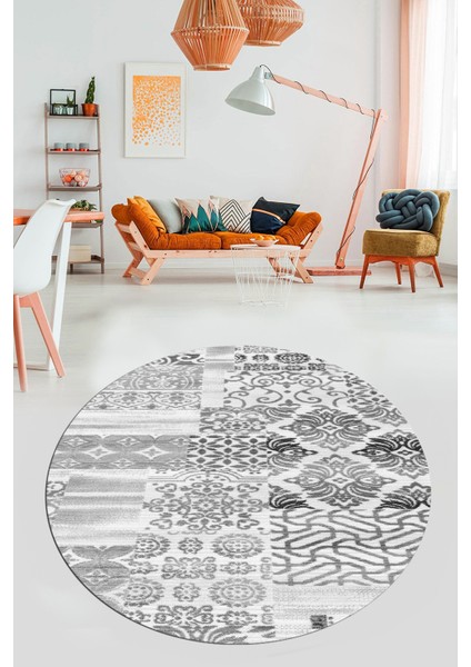 Baskılı Kaymaz Yıkanabilir Patchwork Desen Yuvarlak Mutfak Salon Halısı, Y-Patchwork-02-Gri,