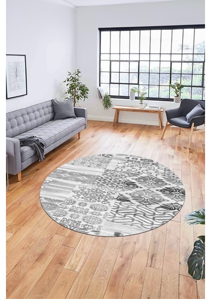 Baskılı Kaymaz Yıkanabilir Patchwork Desen Yuvarlak Mutfak Salon Halısı, Y-Patchwork-02-Gri,