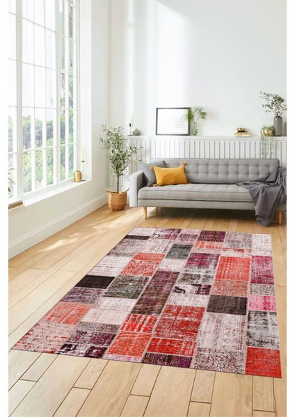 Evdeya Dijital Kaymaz Taban Yıkanabilir Patchwork Desen Yolluk Mutfak Salon Halısı, Patchwork-03-Kırmızı,