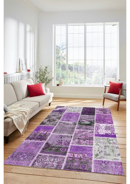 Dijital Kaymaz Taban Yıkanabilir Patchwork Desen Yolluk Mutfak Salon Halısı, Patchwork-04-Mor,
