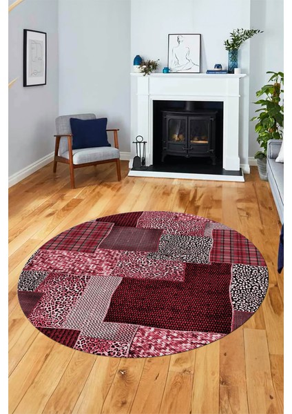 Baskılı Kaymaz Yıkanabilir Patchwork Desen Yuvarlak Mutfak Salon Halısı, Y-Patchwork-15-Kırmızı,