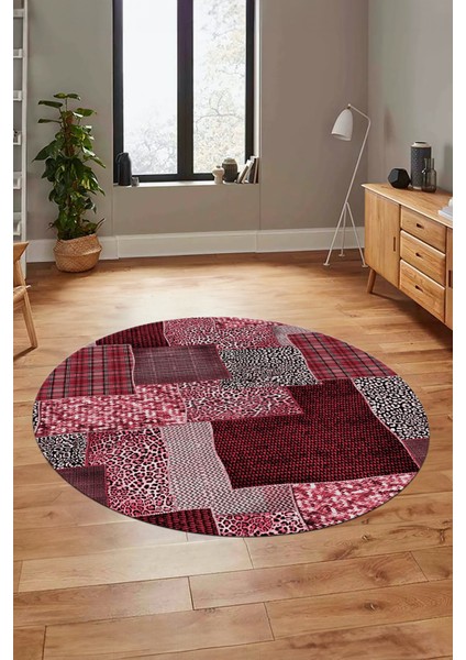 Baskılı Kaymaz Yıkanabilir Patchwork Desen Yuvarlak Mutfak Salon Halısı, Y-Patchwork-15-Kırmızı,