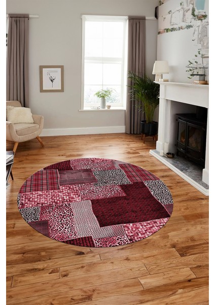Baskılı Kaymaz Yıkanabilir Patchwork Desen Yuvarlak Mutfak Salon Halısı, Y-Patchwork-15-Kırmızı,