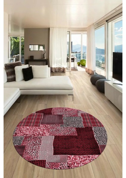 Baskılı Kaymaz Yıkanabilir Patchwork Desen Yuvarlak Mutfak Salon Halısı, Y-Patchwork-15-Kırmızı,