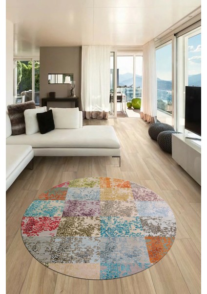 Baskılı Kaymaz Yıkanabilir Patchwork Desen Yuvarlak Mutfak Salon Halısı, Y-Patchwork-17-Renkli,