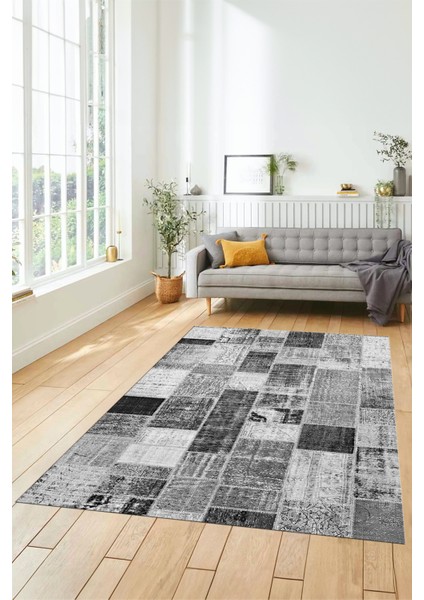 Dijital Kaymaz Taban Yıkanabilir Patchwork Desen Yolluk Mutfak Salon Halısı, Patchwork-03-Gri,