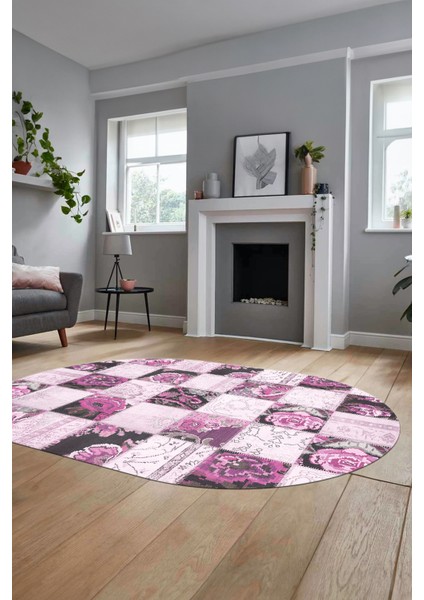 Baskılı Kaymaz Taban Yıkanabilir Patchwork Desen Oval Yolluk Salon Halısı, O-Patchwork-19-Pembe,