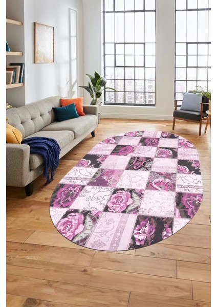 Baskılı Kaymaz Taban Yıkanabilir Patchwork Desen Oval Yolluk Salon Halısı, O-Patchwork-19-Pembe, fiyatları