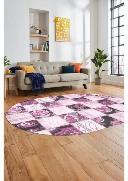 Baskılı Kaymaz Taban Yıkanabilir Patchwork Desen Oval Yolluk Salon Halısı, O-Patchwork-19-Pembe, modelleri