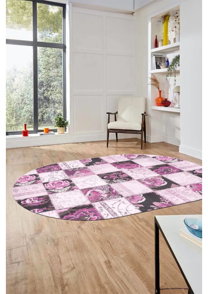 Baskılı Kaymaz Taban Yıkanabilir Patchwork Desen Oval Yolluk Salon Halısı, O-Patchwork-19-Pembe, indirimleri