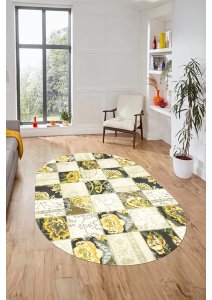 Baskılı Kaymaz Taban Yıkanabilir Patchwork Desen Oval Yolluk Salon Halısı, O-Patchwork-19-Sarı, modelleri