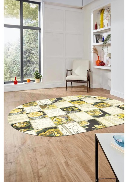 Baskılı Kaymaz Taban Yıkanabilir Patchwork Desen Oval Yolluk Salon Halısı, O-Patchwork-19-Sarı, fırsatları