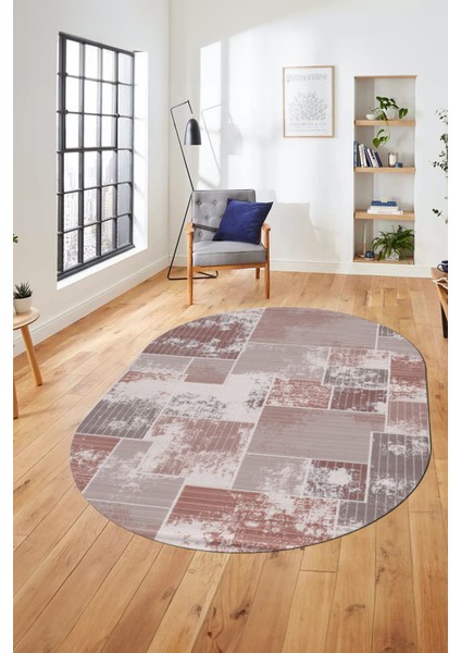 Baskılı Kaymaz Taban Yıkanabilir Patchwork Desen Oval Yolluk Salon Halısı, O-Patchwork-20-Kahve, indirimleri
