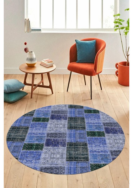 Baskılı Kaymaz Yıkanabilir Patchwork Desen Yuvarlak Mutfak Salon Halısı, Y-Patchwork-07-Mavi,