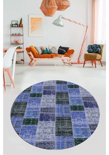 Baskılı Kaymaz Yıkanabilir Patchwork Desen Yuvarlak Mutfak Salon Halısı, Y-Patchwork-07-Mavi,