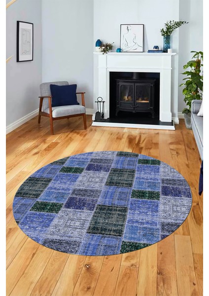 Baskılı Kaymaz Yıkanabilir Patchwork Desen Yuvarlak Mutfak Salon Halısı, Y-Patchwork-07-Mavi,