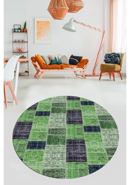 Baskılı Kaymaz Yıkanabilir Patchwork Desen Yuvarlak Mutfak Salon Halısı, Y-Patchwork-07-Yeşil,