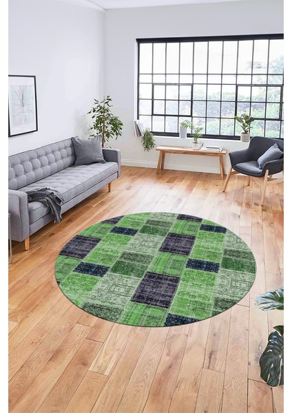 Baskılı Kaymaz Yıkanabilir Patchwork Desen Yuvarlak Mutfak Salon Halısı, Y-Patchwork-07-Yeşil,