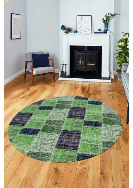 Baskılı Kaymaz Yıkanabilir Patchwork Desen Yuvarlak Mutfak Salon Halısı, Y-Patchwork-07-Yeşil,